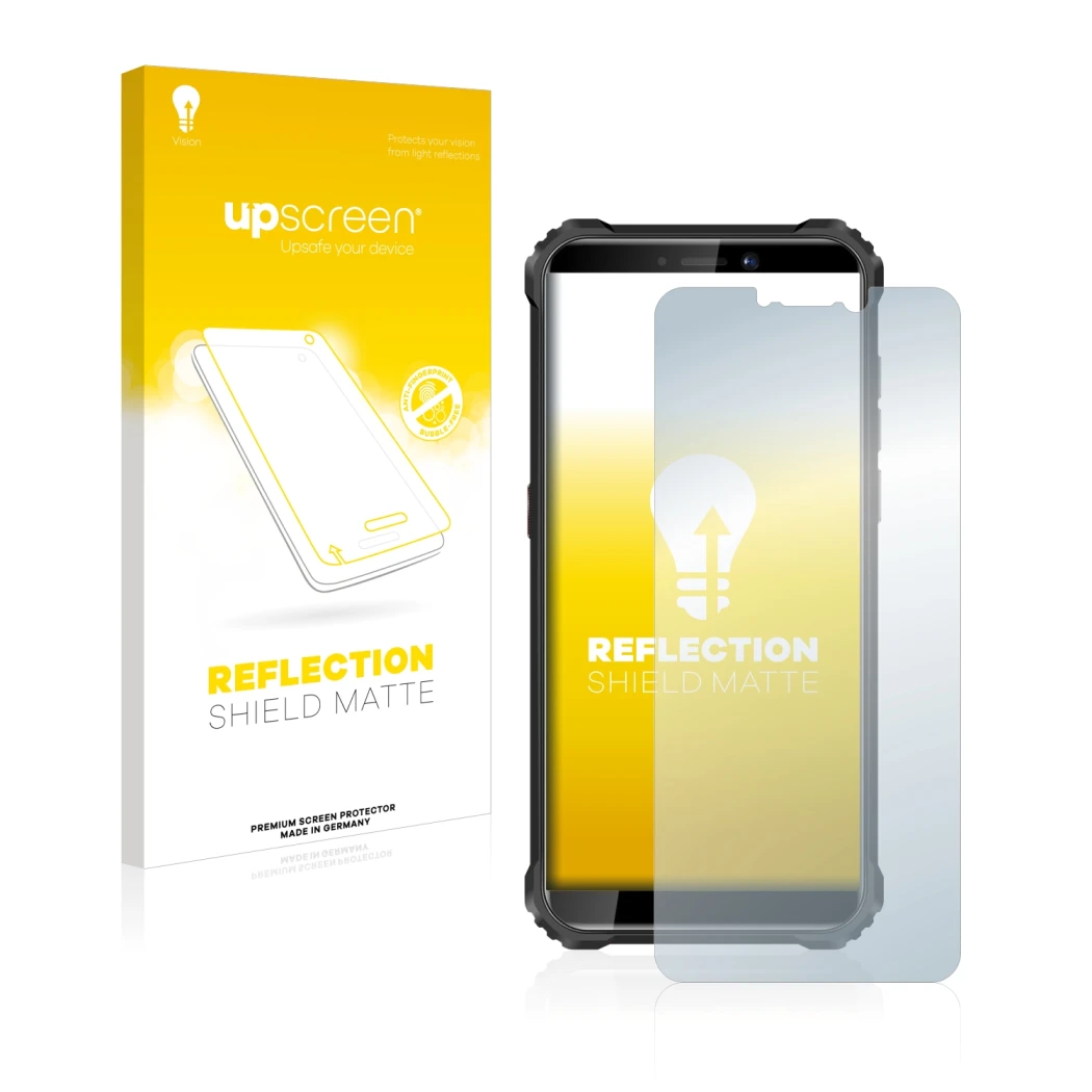 Parte frontal de un envase de producto con el logotipo de la marca upscreen. Al lado se muestra el dispositivo Oukitel WP5 con