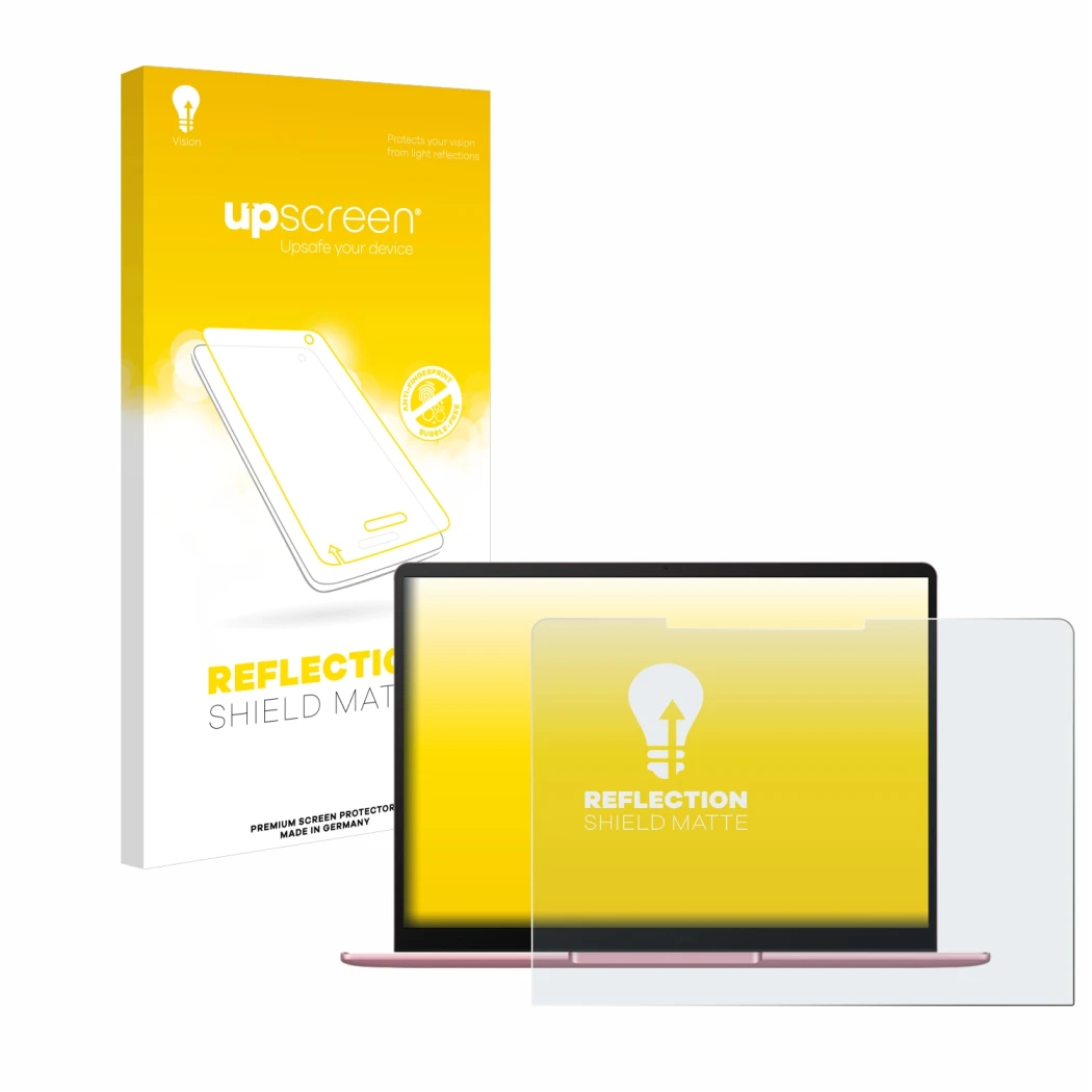 Parte frontal de un envase de producto con el logotipo de la marca upscreen. Al lado se muestra el dispositivo Huawei MateBook