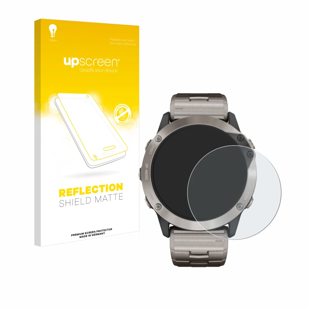 Parte frontal de un envase de producto con el logotipo de la marca upscreen. Al lado se muestra el dispositivo Garmin quatix 6