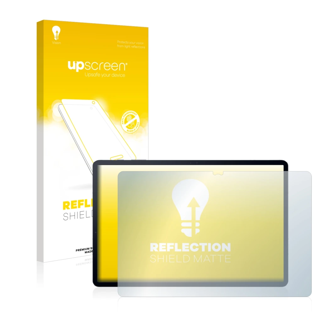 Parte frontal de un envase de producto con el logotipo de la marca upscreen. Al lado se muestra el dispositivo Samsung Galaxy