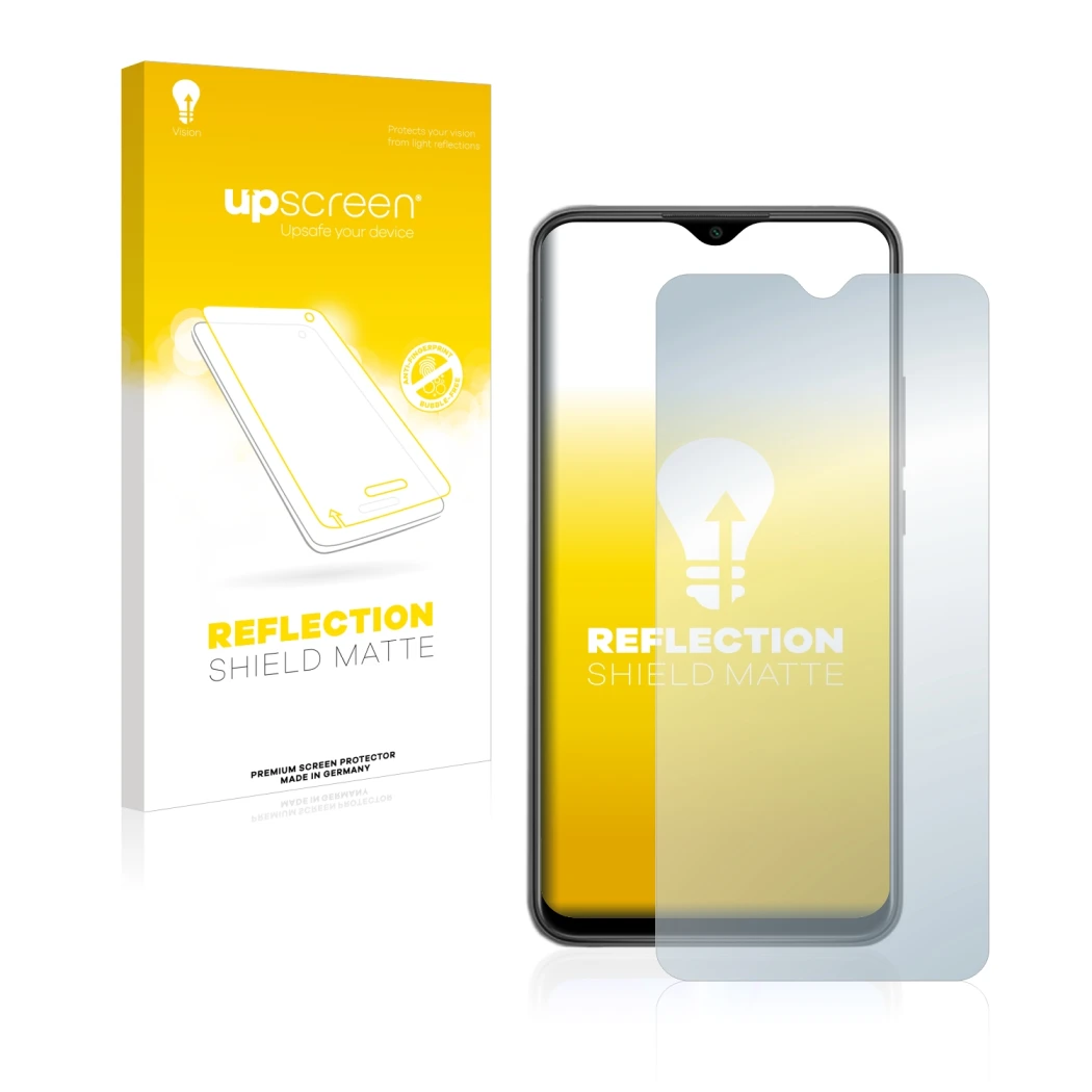 Parte frontal de un envase de producto con el logotipo de la marca upscreen. Al lado se muestra el dispositivo Xiaomi Redmi 9 