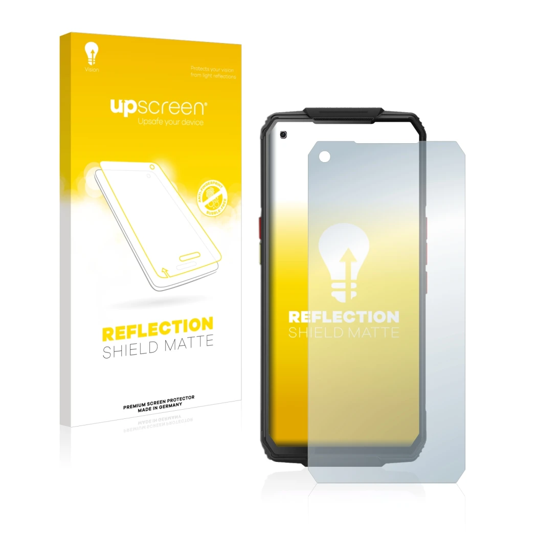 Parte frontal de un envase de producto con el logotipo de la marca upscreen. Al lado se muestra el dispositivo Oukitel WP7 con