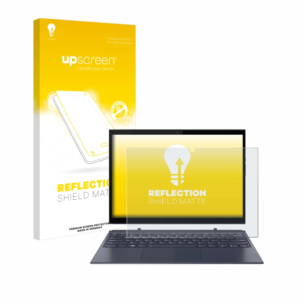 Parte frontal de un envase de producto con el logotipo de la marca upscreen. Al lado se muestra el dispositivo Lenovo Yoga Due