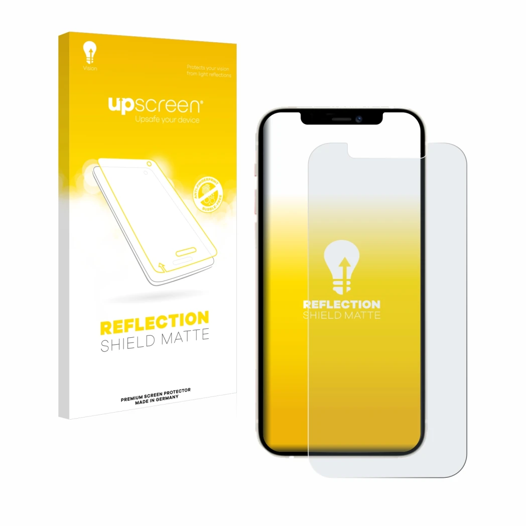 Parte frontal de un envase de producto con el logotipo de la marca upscreen. Al lado se muestra el dispositivo Apple iPhone 12