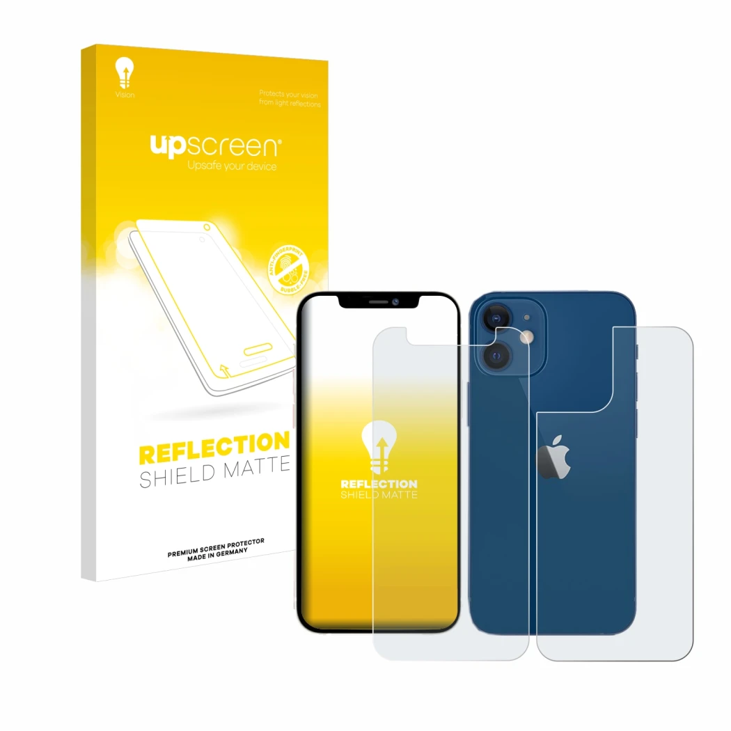 Parte frontal de un envase de producto con el logotipo de la marca upscreen. Al lado se muestra el dispositivo Apple iPhone 12