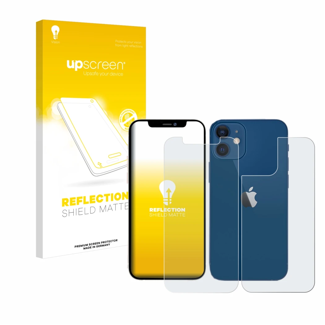 Parte frontal de un envase de producto con el logotipo de la marca upscreen. Al lado se muestra el dispositivo Apple iPhone 12