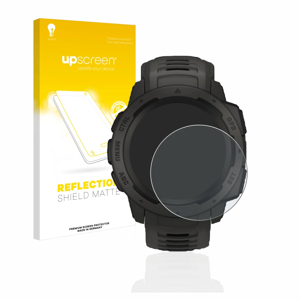 Parte frontal de un envase de producto con el logotipo de la marca upscreen. Al lado se muestra el dispositivo Garmin Instinct