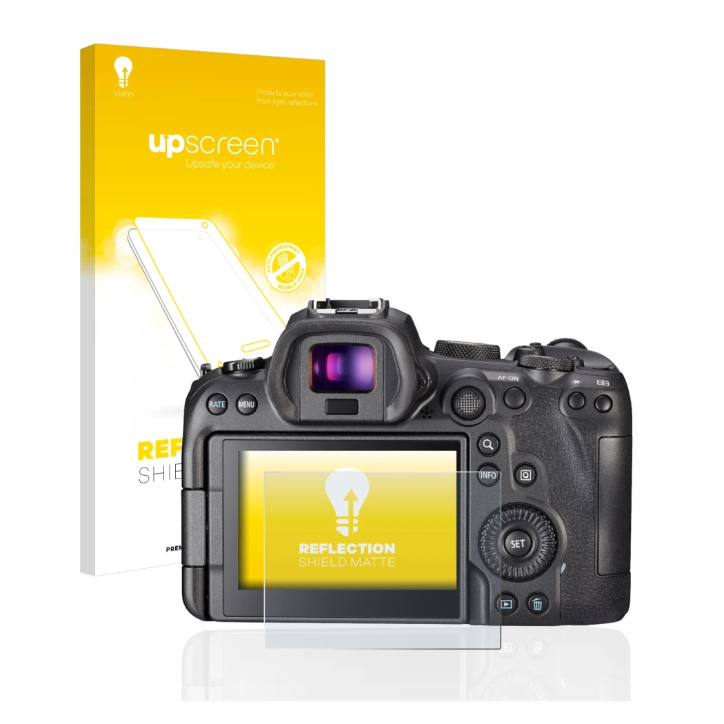 Parte frontal de un envase de producto con el logotipo de la marca upscreen. Al lado se muestra el dispositivo Canon EOS R6 co