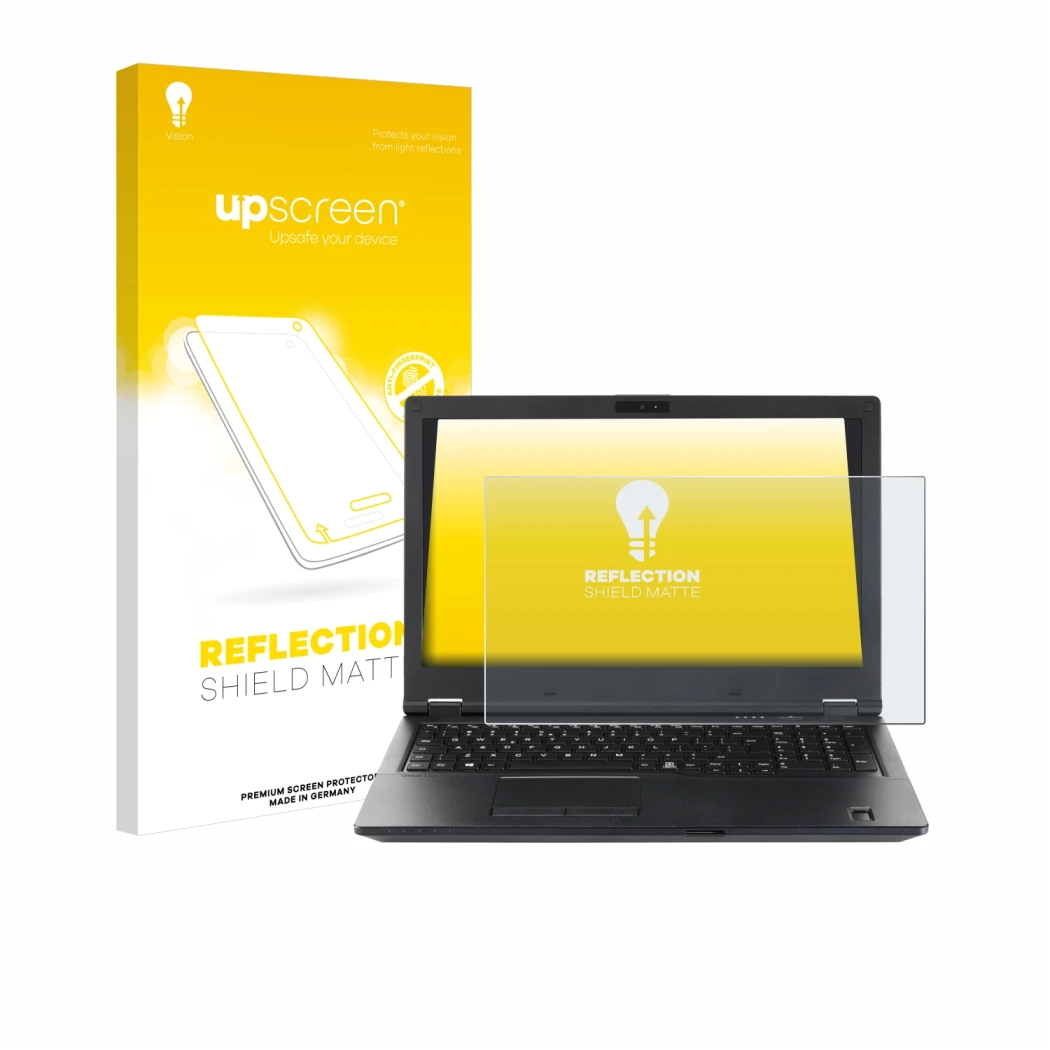 Parte frontal de un envase de producto con el logotipo de la marca upscreen. Al lado se muestra el dispositivo Fujitsu Lifeboo