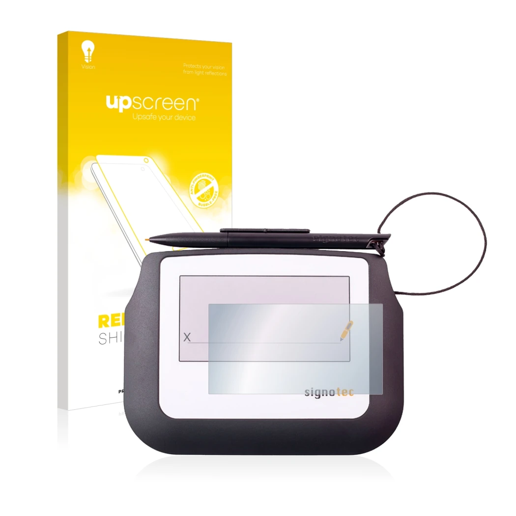Parte frontal de un envase de producto con el logotipo de la marca upscreen. Al lado se muestra el dispositivo Signotec Signat