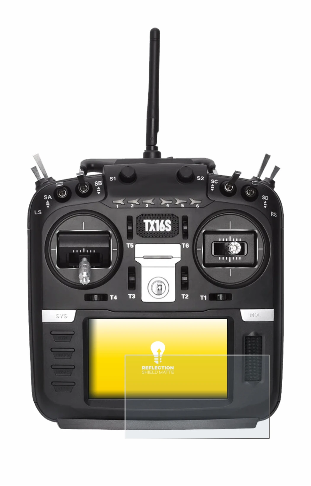 Imagen del dispositivo Radiomaster TX16S con una amplia variedad de protectores de pantalla.