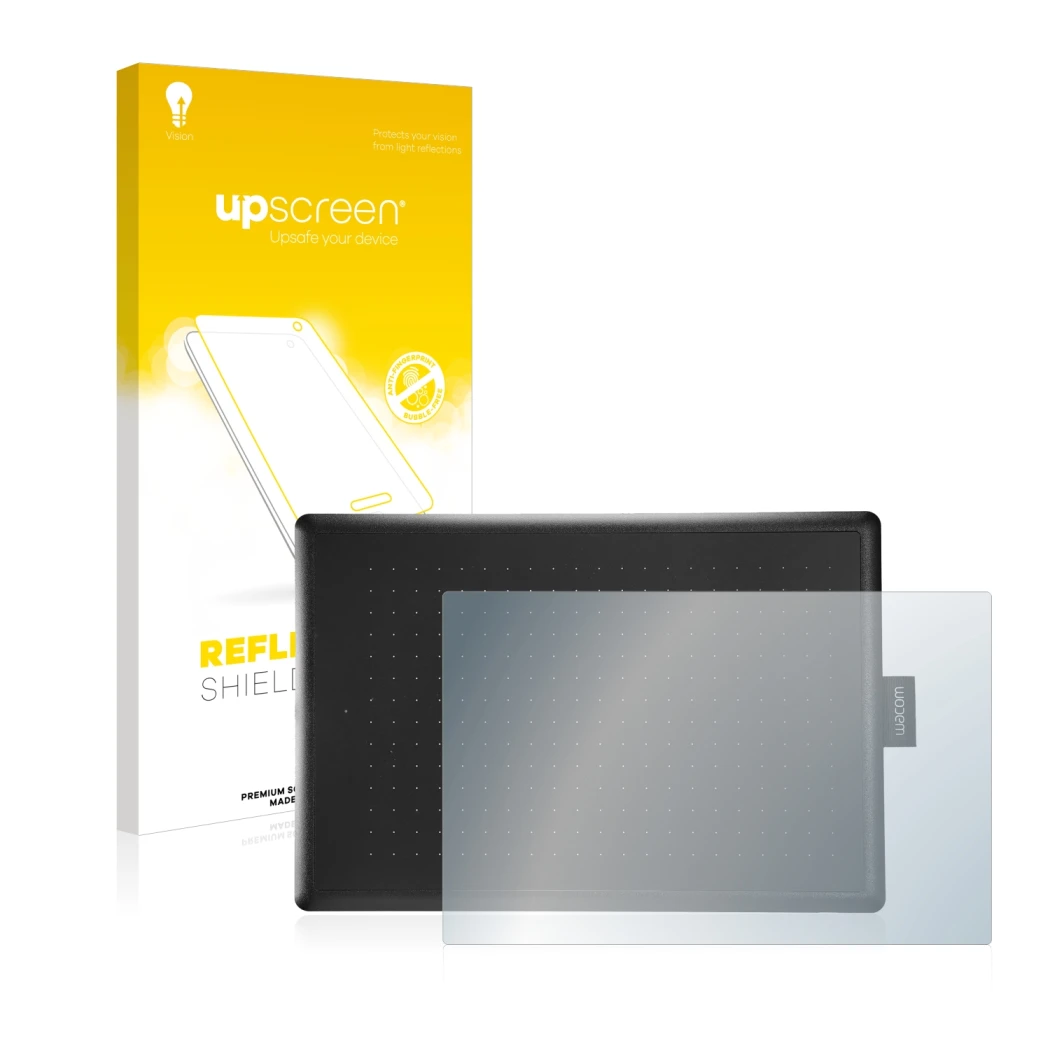 Parte frontal de un envase de producto con el logotipo de la marca upscreen. Al lado se muestra el dispositivo Wacom One Mediu