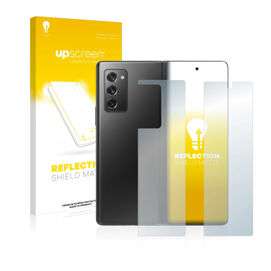 Parte frontal de un envase de producto con el logotipo de la marca upscreen. Al lado se muestra el dispositivo Samsung Galaxy