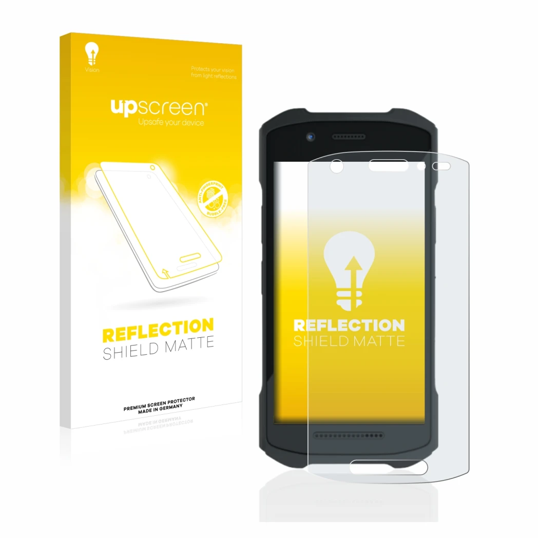 Parte frontal de un envase de producto con el logotipo de la marca upscreen. Al lado se muestra el dispositivo Zebra TC21 con 