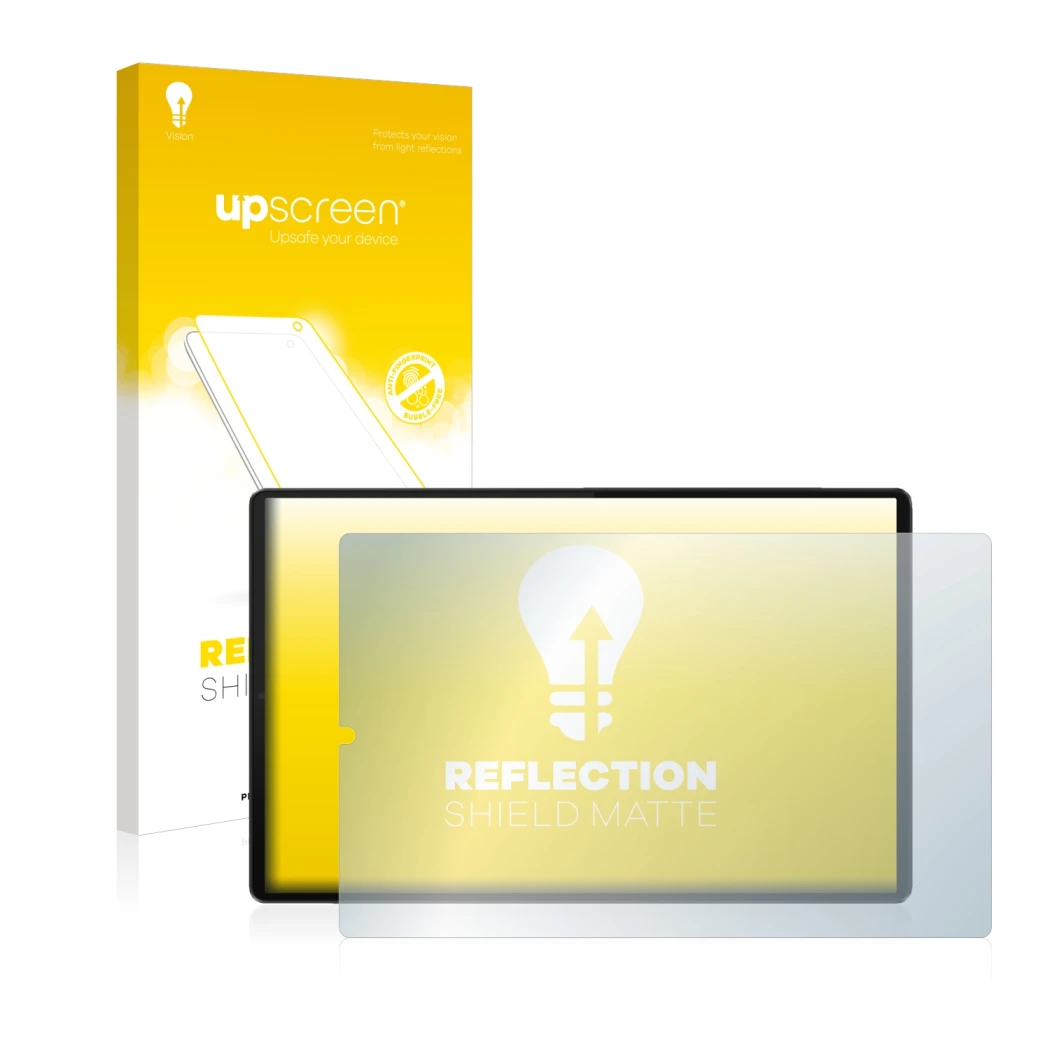 Parte frontal de un envase de producto con el logotipo de la marca upscreen. Al lado se muestra el dispositivo Lenovo Tab M10 