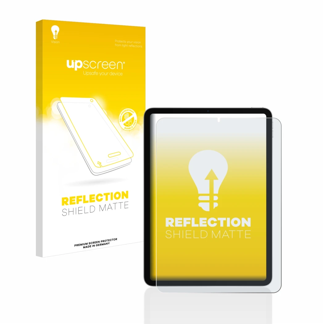 Parte frontal de un envase de producto con el logotipo de la marca upscreen. Al lado se muestra el dispositivo Apple iPad Air