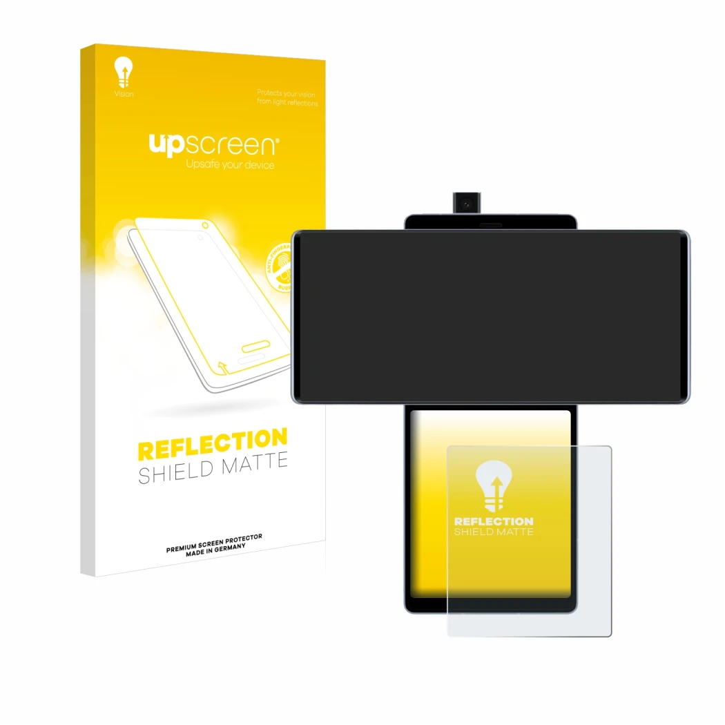 Parte frontal de un envase de producto con el logotipo de la marca upscreen. Al lado se muestra el dispositivo LG Wing (Pantal