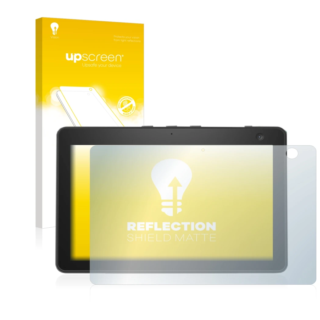 Parte frontal de un envase de producto con el logotipo de la marca upscreen. Al lado se muestra el dispositivo Amazon Echo Sho