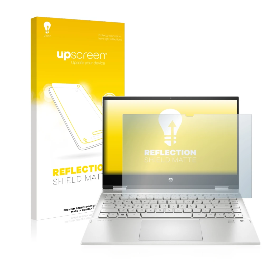 Parte frontal de un envase de producto con el logotipo de la marca upscreen. Al lado se muestra el dispositivo HP Pavilion x36