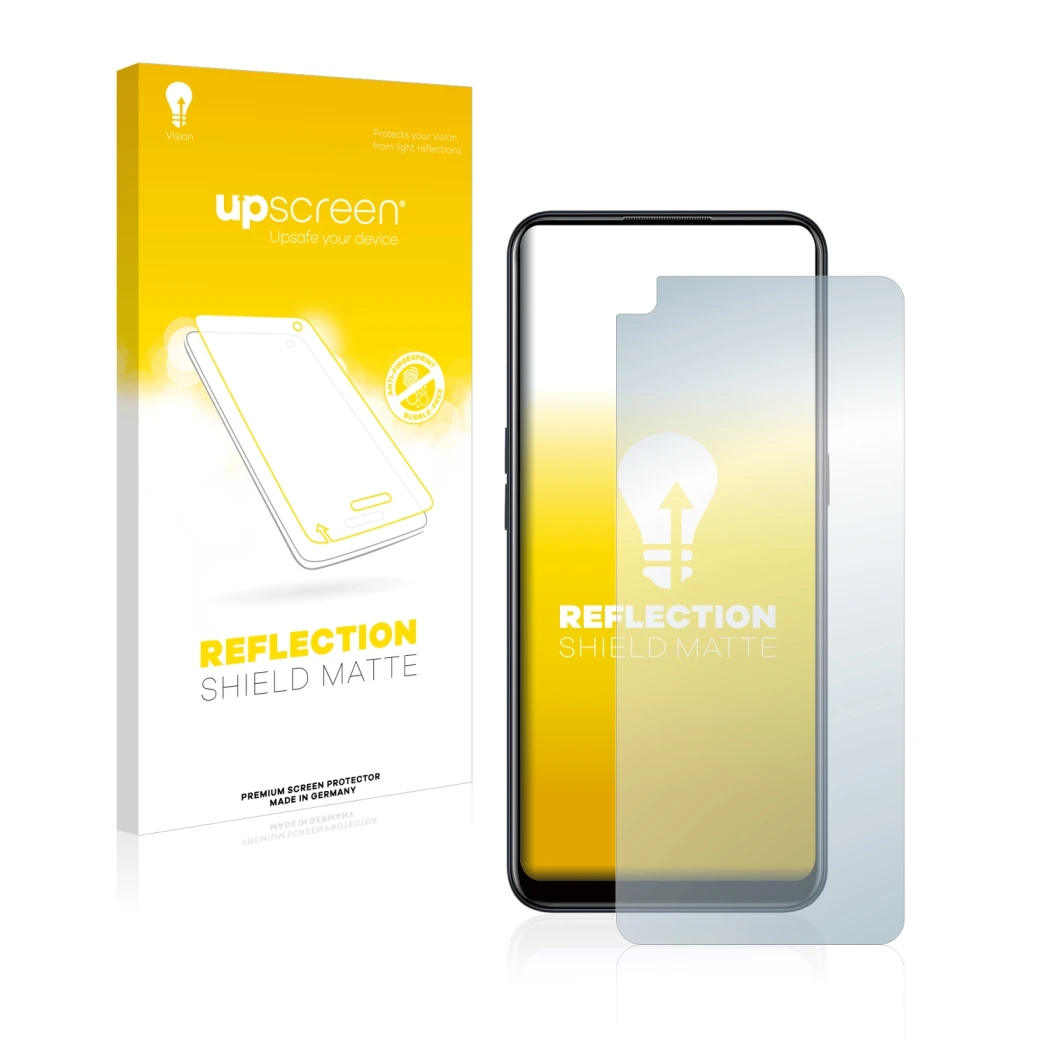 Parte frontal de un envase de producto con el logotipo de la marca upscreen. Al lado se muestra el dispositivo Oppo A53s con s