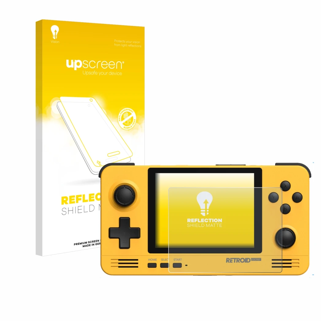 Parte frontal de un envase de producto con el logotipo de la marca upscreen. Al lado se muestra el dispositivo Retroid Pocket