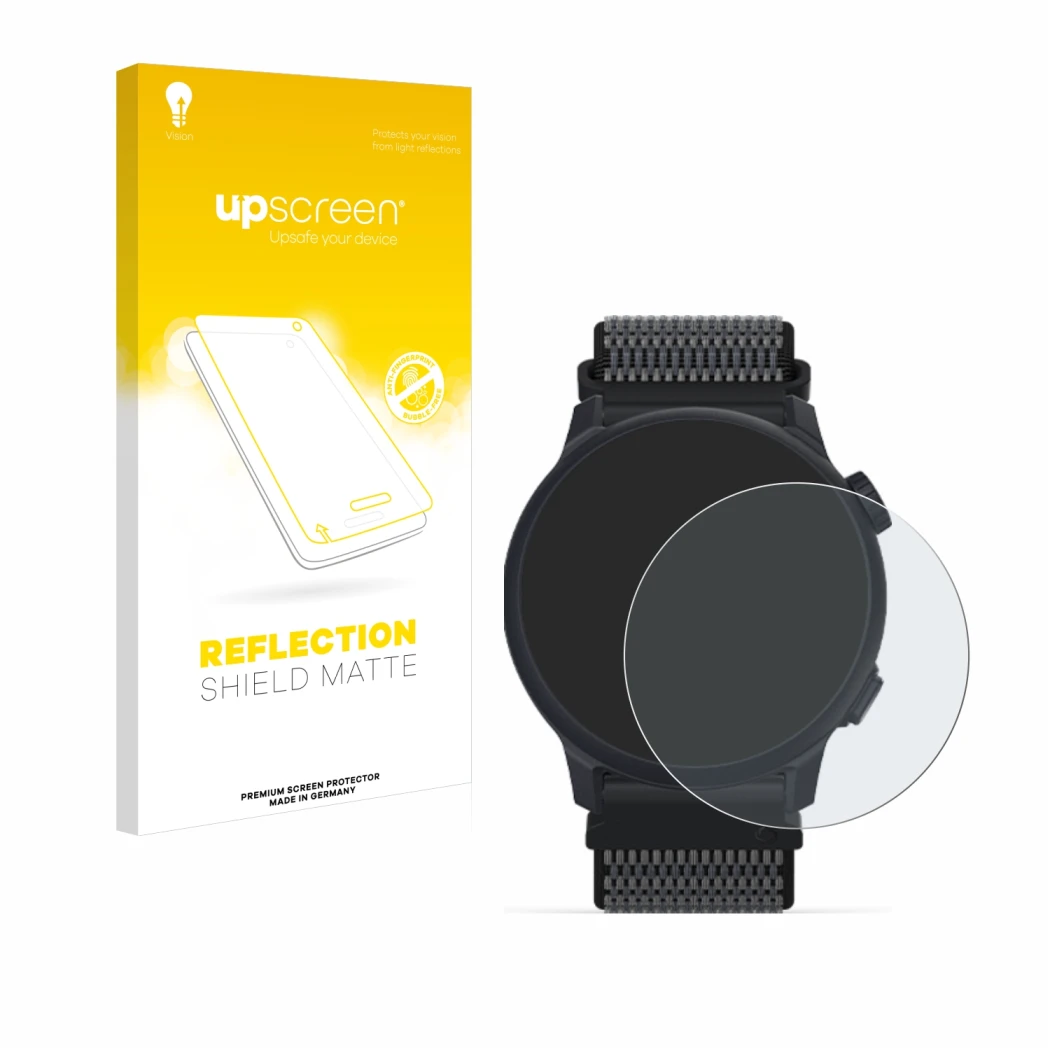 Parte frontal de un envase de producto con el logotipo de la marca upscreen. Al lado se muestra el dispositivo Coros Pace 2 co