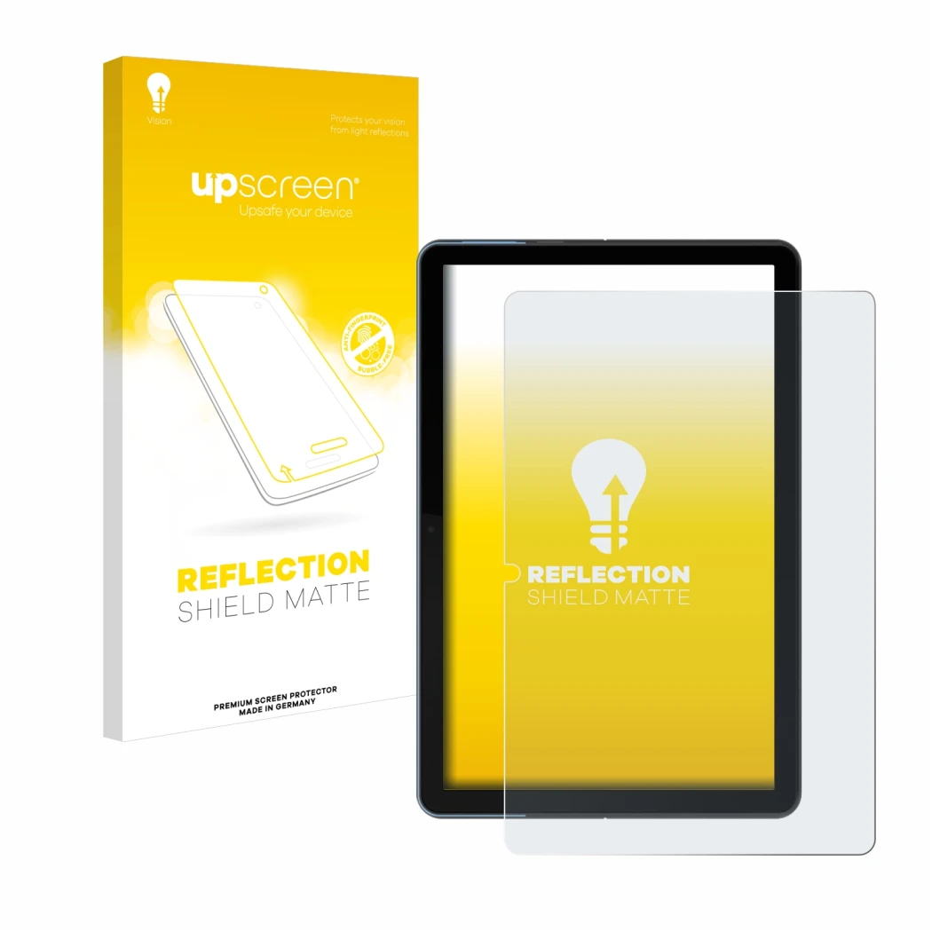 Parte frontal de un envase de producto con el logotipo de la marca upscreen. Al lado se muestra el dispositivo Lenovo IdeaPad 