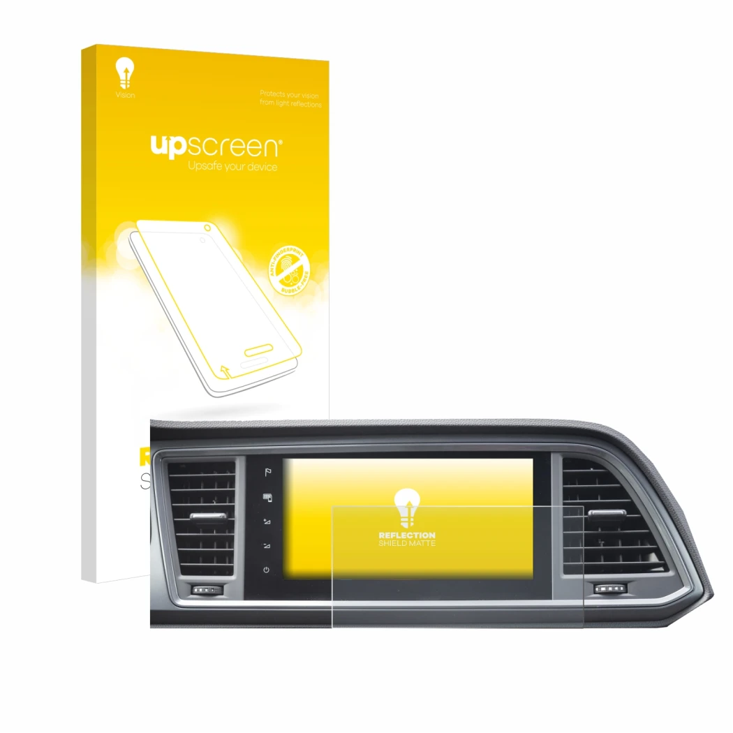 Parte frontal de un envase de producto con el logotipo de la marca upscreen. Al lado se muestra el dispositivo Seat Cupra Atec