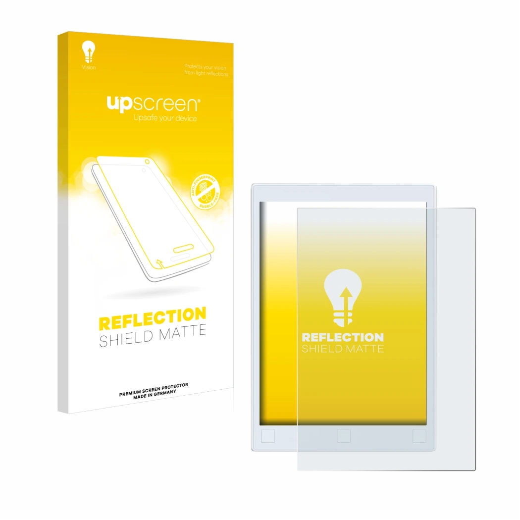 Parte frontal de un envase de producto con el logotipo de la marca upscreen. Al lado se muestra el dispositivo reMarkable 2 co