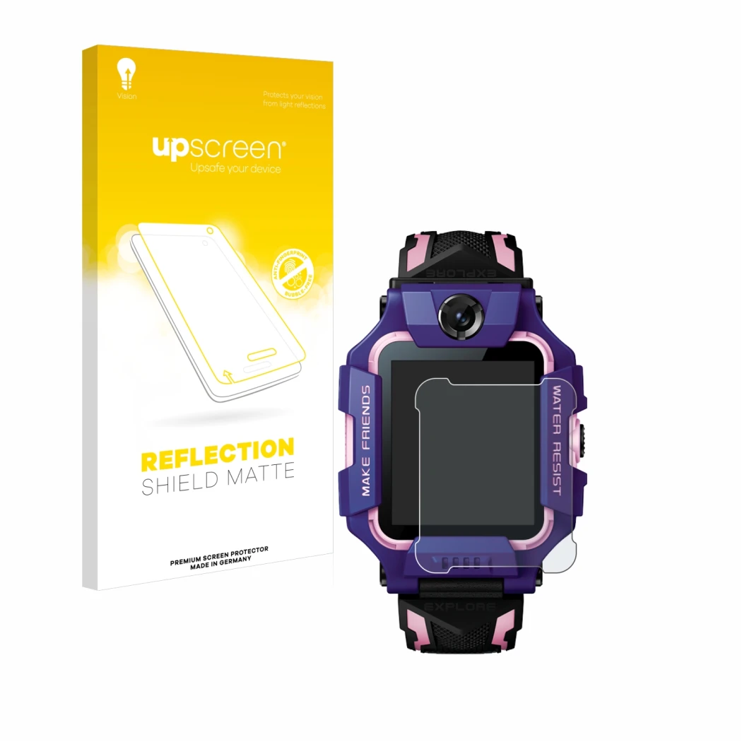 Parte frontal de un envase de producto con el logotipo de la marca upscreen. Al lado se muestra el dispositivo Imoo Watch Phon