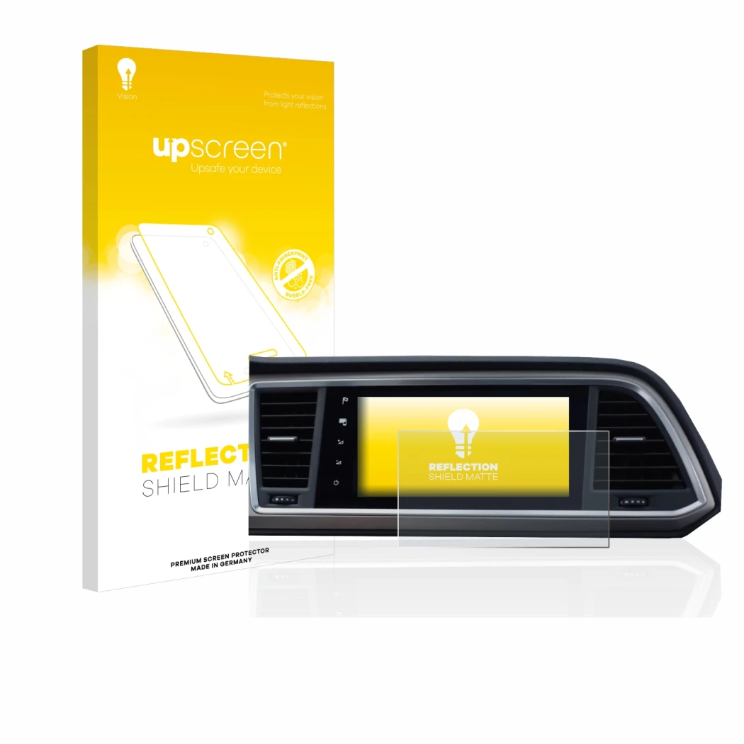 Parte frontal de un envase de producto con el logotipo de la marca upscreen. Al lado se muestra el dispositivo Seat Ateca Styl