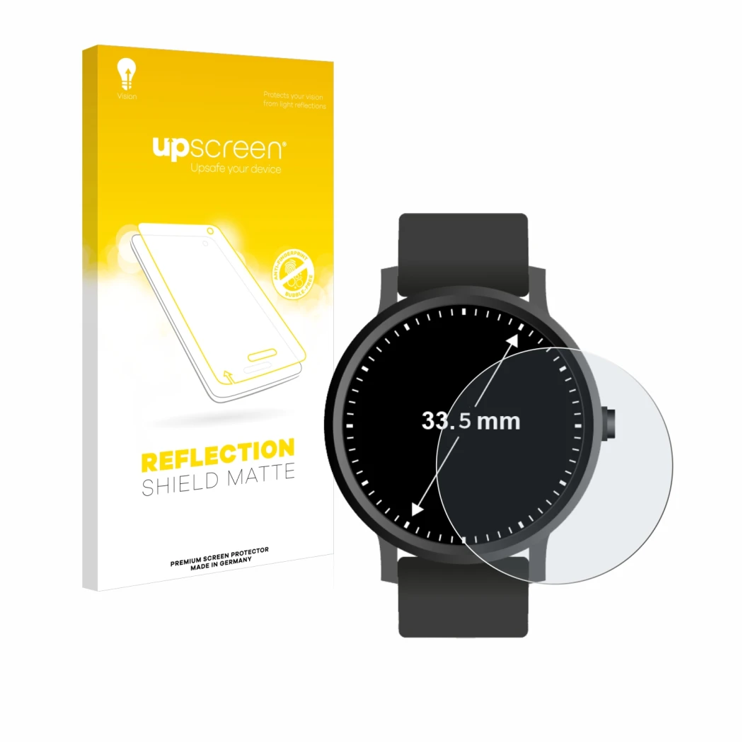Parte frontal de un envase de producto con el logotipo de la marca upscreen. Al lado se muestra el dispositivo Relojes (Circul