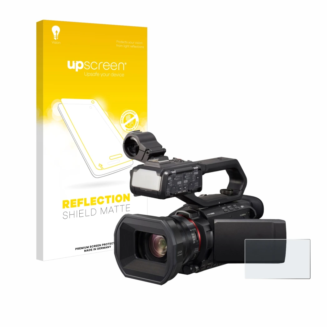 Parte frontal de un envase de producto con el logotipo de la marca upscreen. Al lado se muestra el dispositivo Panasonic HC-X1