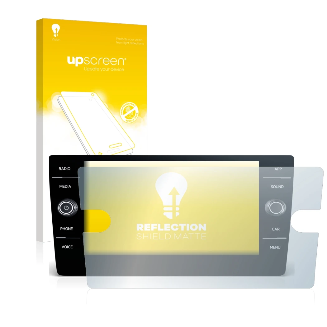 Parte frontal de un envase de producto con el logotipo de la marca upscreen. Al lado se muestra el dispositivo Volkswagen Pass