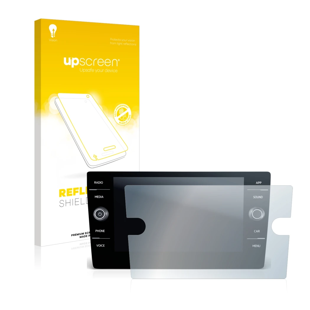 Parte frontal de un envase de producto con el logotipo de la marca upscreen. Al lado se muestra el dispositivo Volkswagen T-Ro