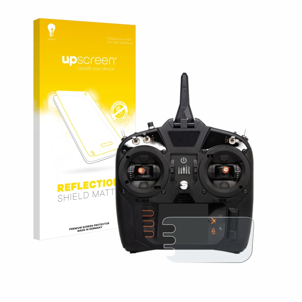 Parte frontal de un envase de producto con el logotipo de la marca upscreen. Al lado se muestra el dispositivo Spektrum NX8 co