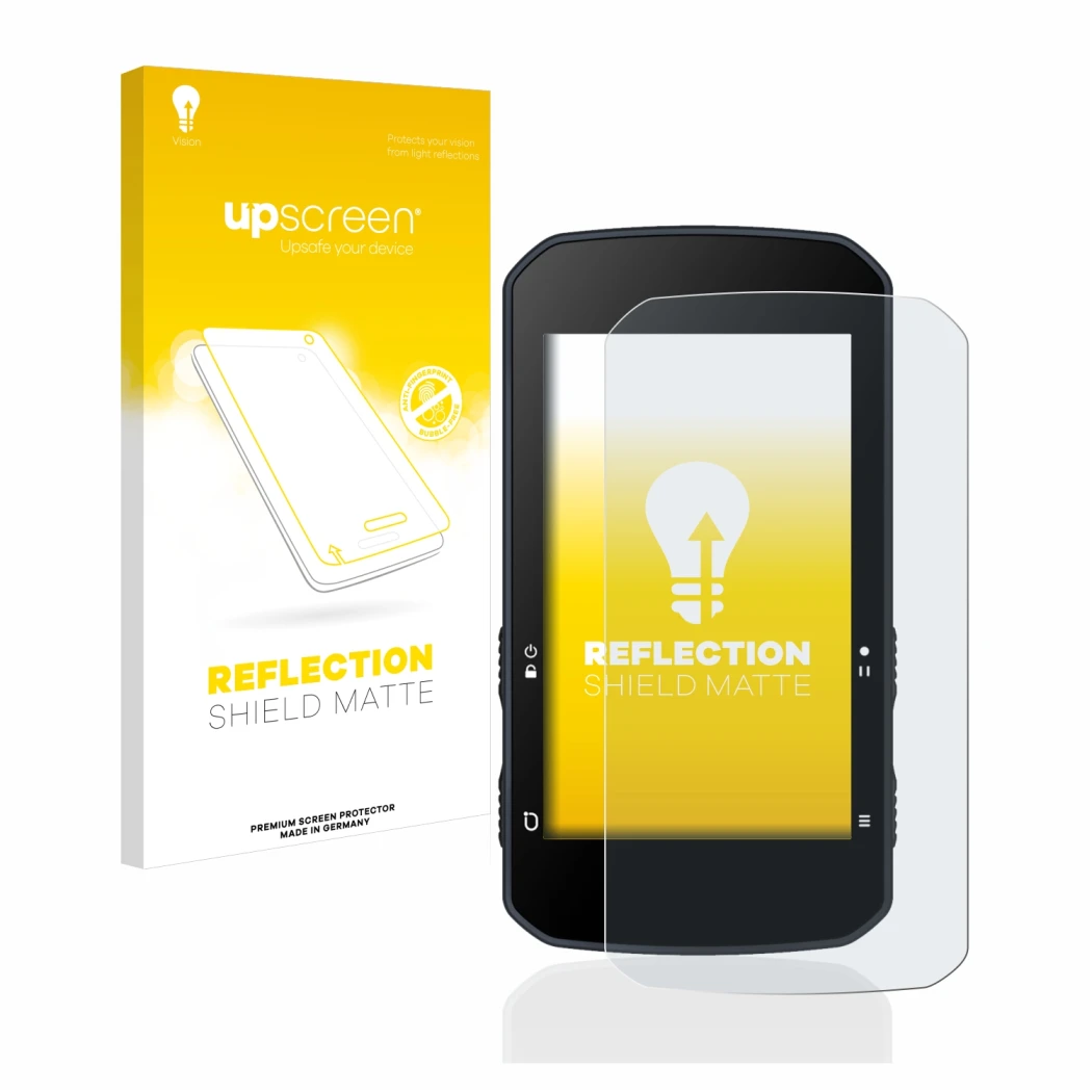 Parte frontal de un envase de producto con el logotipo de la marca upscreen. Al lado se muestra el dispositivo Bryton Rider 75