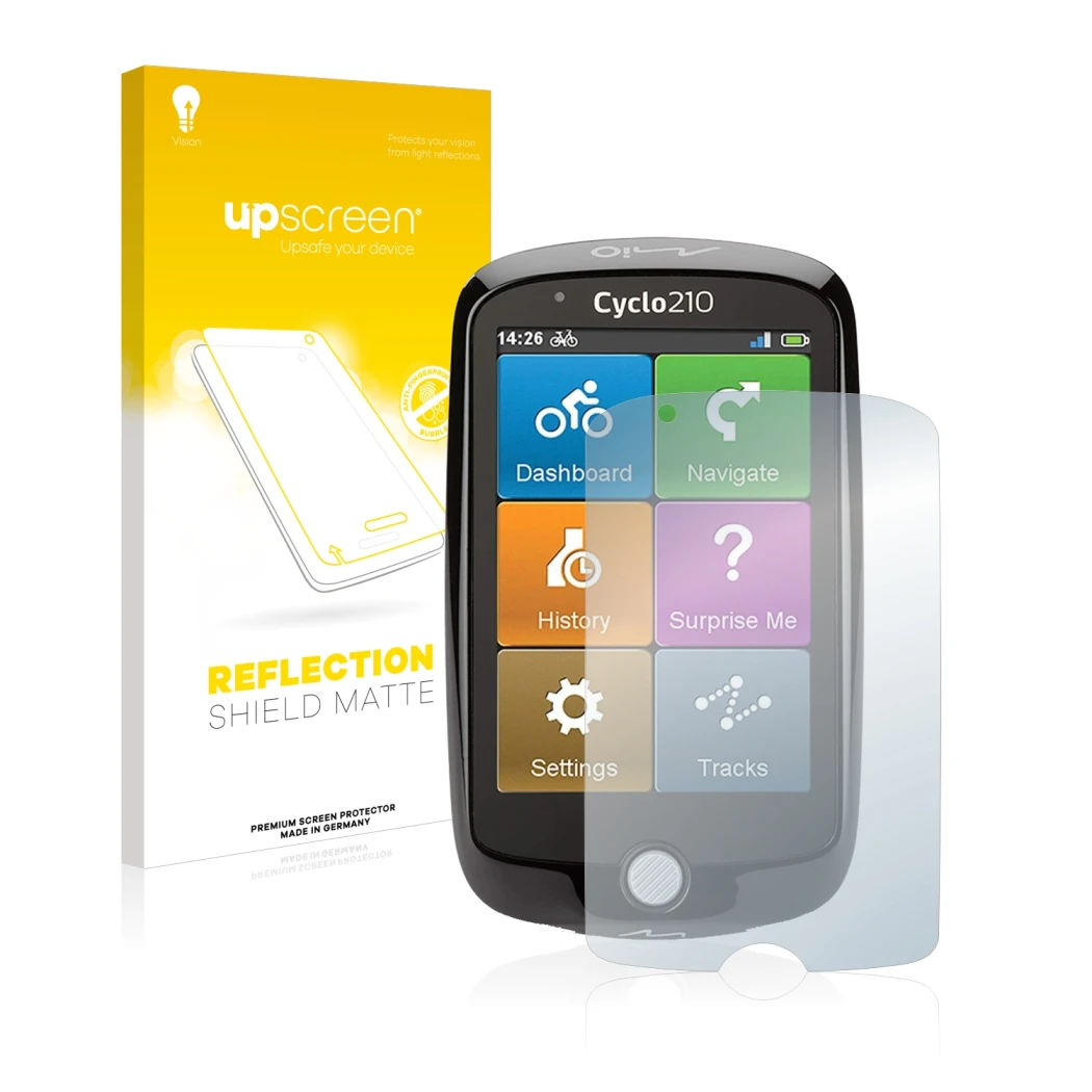 Parte frontal de un envase de producto con el logotipo de la marca upscreen. Al lado se muestra el dispositivo Mio Cyclo 210 c
