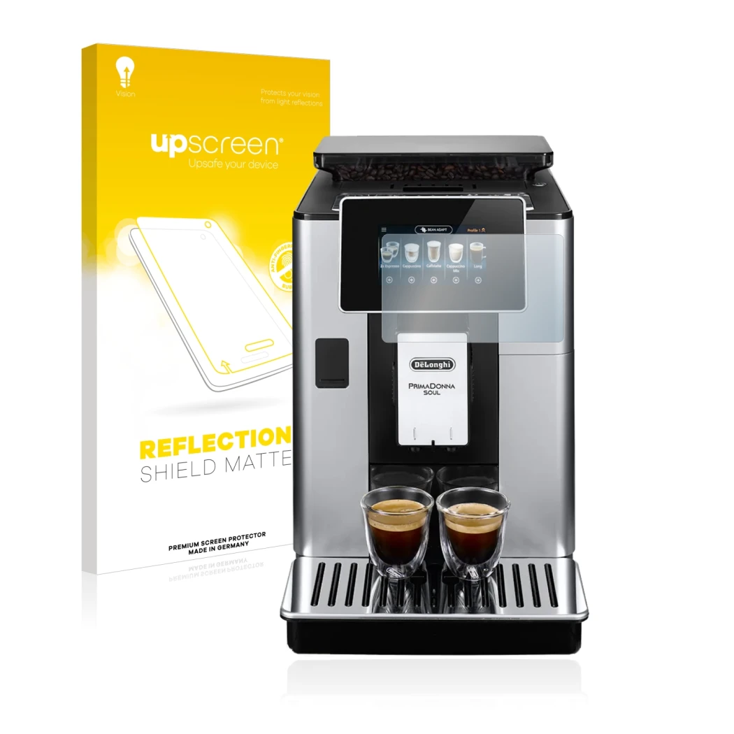 Parte frontal de un envase de producto con el logotipo de la marca upscreen. Al lado se muestra el dispositivo DeLonghi PrimaD