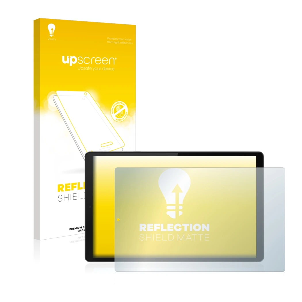 Parte frontal de un envase de producto con el logotipo de la marca upscreen. Al lado se muestra el dispositivo Lenovo Tab M10 