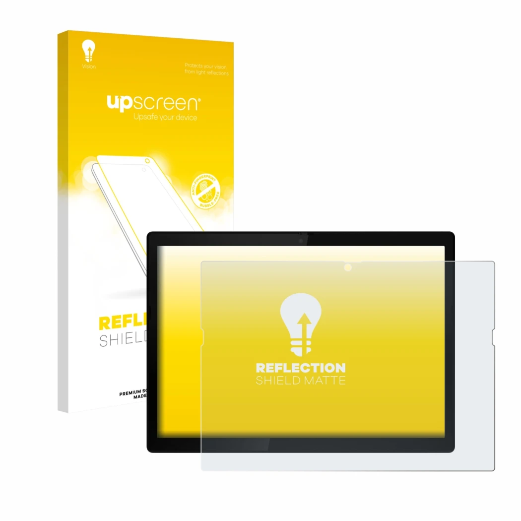 Parte frontal de un envase de producto con el logotipo de la marca upscreen. Al lado se muestra el dispositivo Lenovo ThinkPad