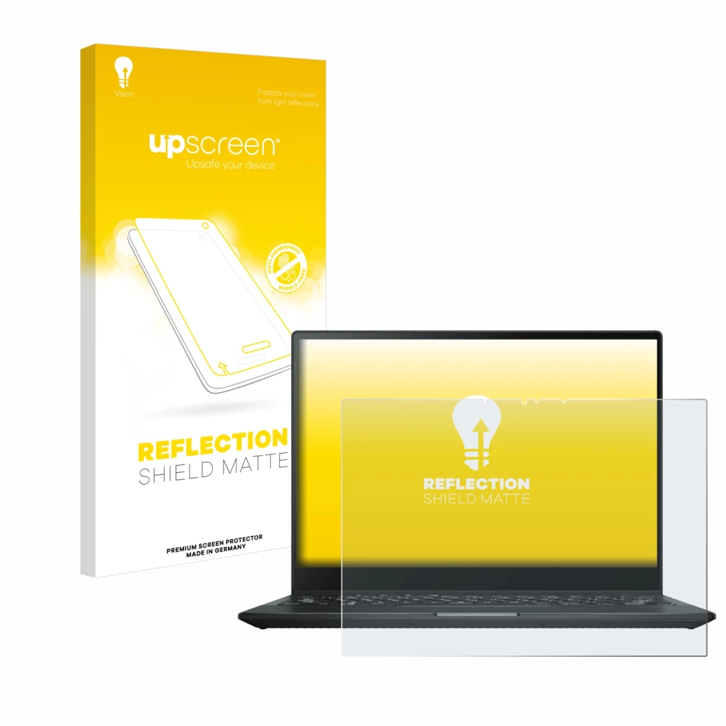 Parte frontal de un envase de producto con el logotipo de la marca upscreen. Al lado se muestra el dispositivo ASUS Rog Flow X