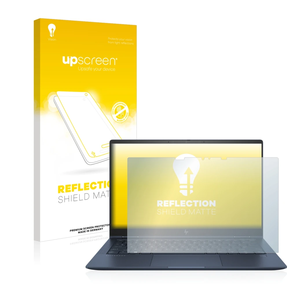Parte frontal de un envase de producto con el logotipo de la marca upscreen. Al lado se muestra el dispositivo HP Elite Dragon