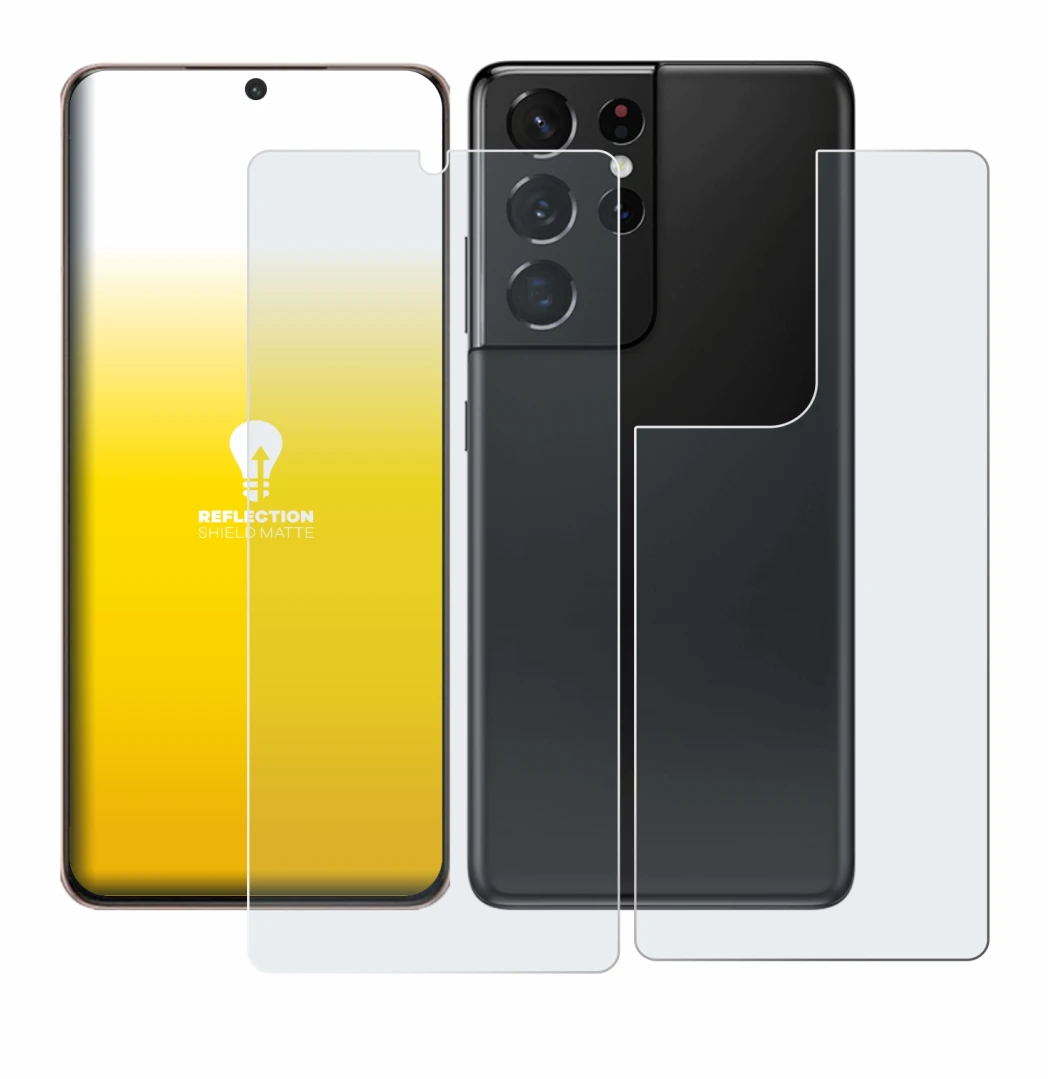 Imagen del dispositivo Samsung Galaxy S21 Ultra 5G (Frontal+Trasero) con una amplia variedad de protectores de pantalla.