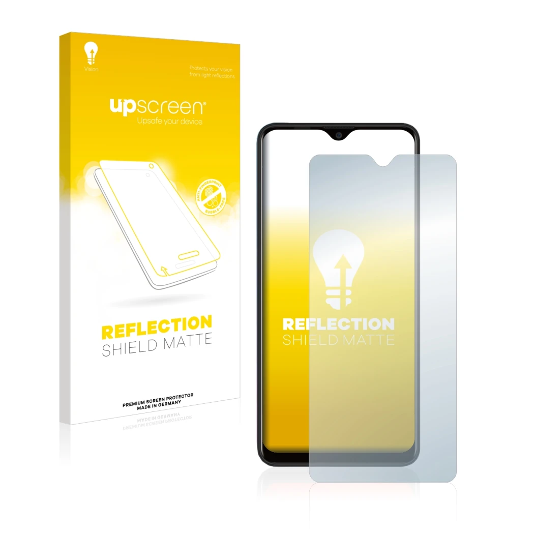 Parte frontal de un envase de producto con el logotipo de la marca upscreen. Al lado se muestra el dispositivo Blackview A80 P