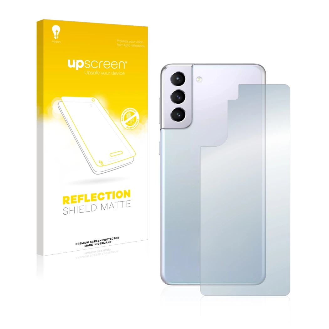 Parte frontal de un envase de producto con el logotipo de la marca upscreen. Al lado se muestra el dispositivo Samsung Galaxy