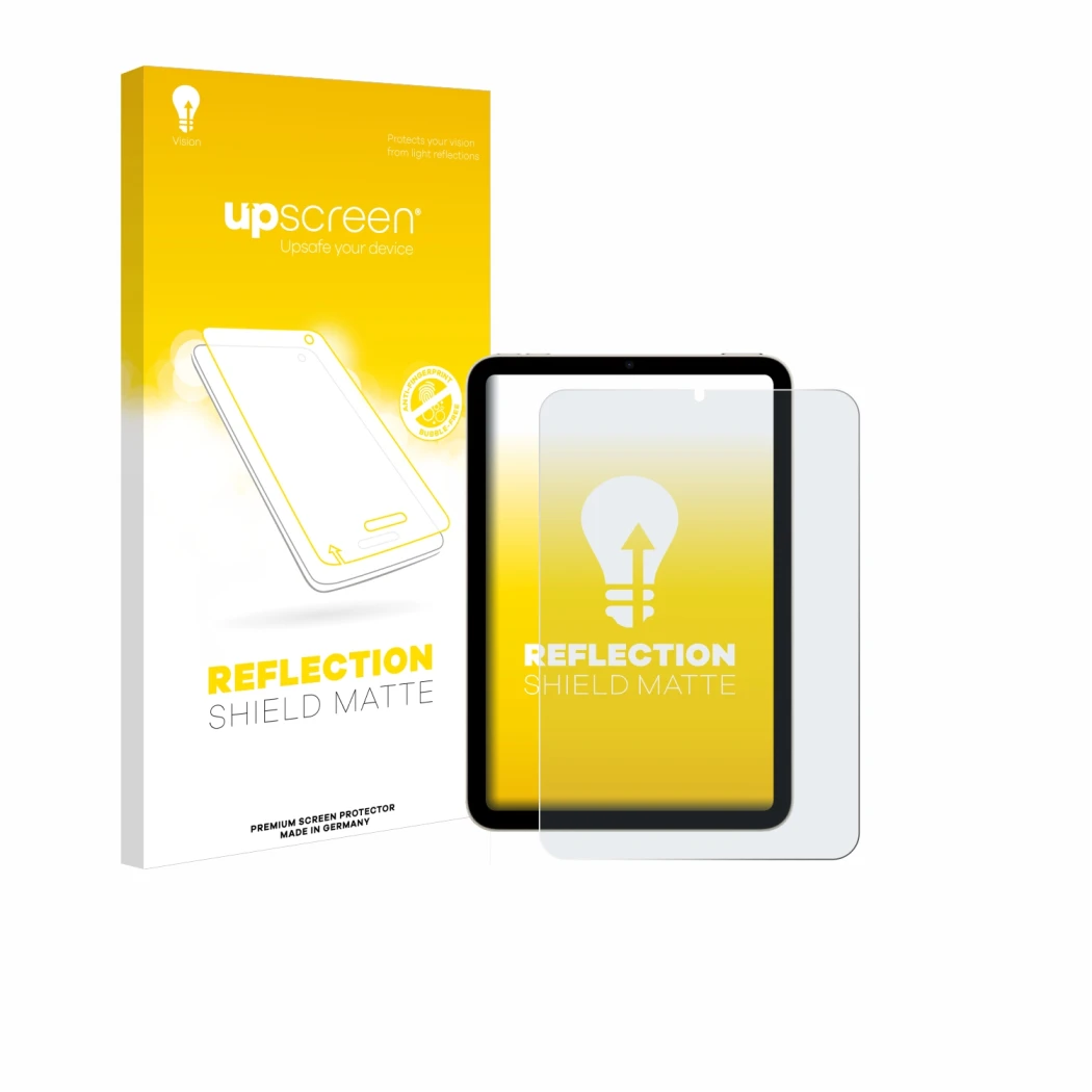 Parte frontal de un envase de producto con el logotipo de la marca upscreen. Al lado se muestra el dispositivo Apple iPad Mini