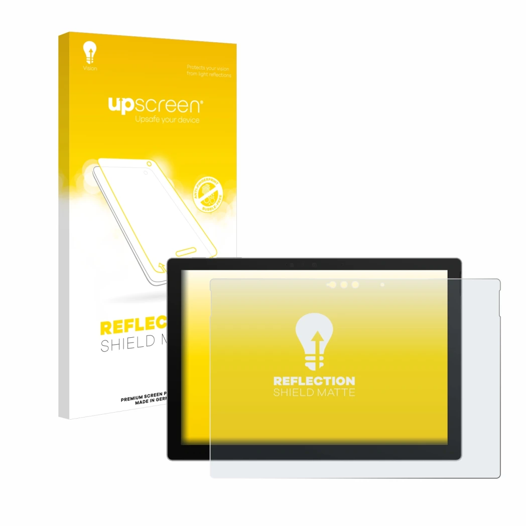 Parte frontal de un envase de producto con el logotipo de la marca upscreen. Al lado se muestra el dispositivo Microsoft Surfa