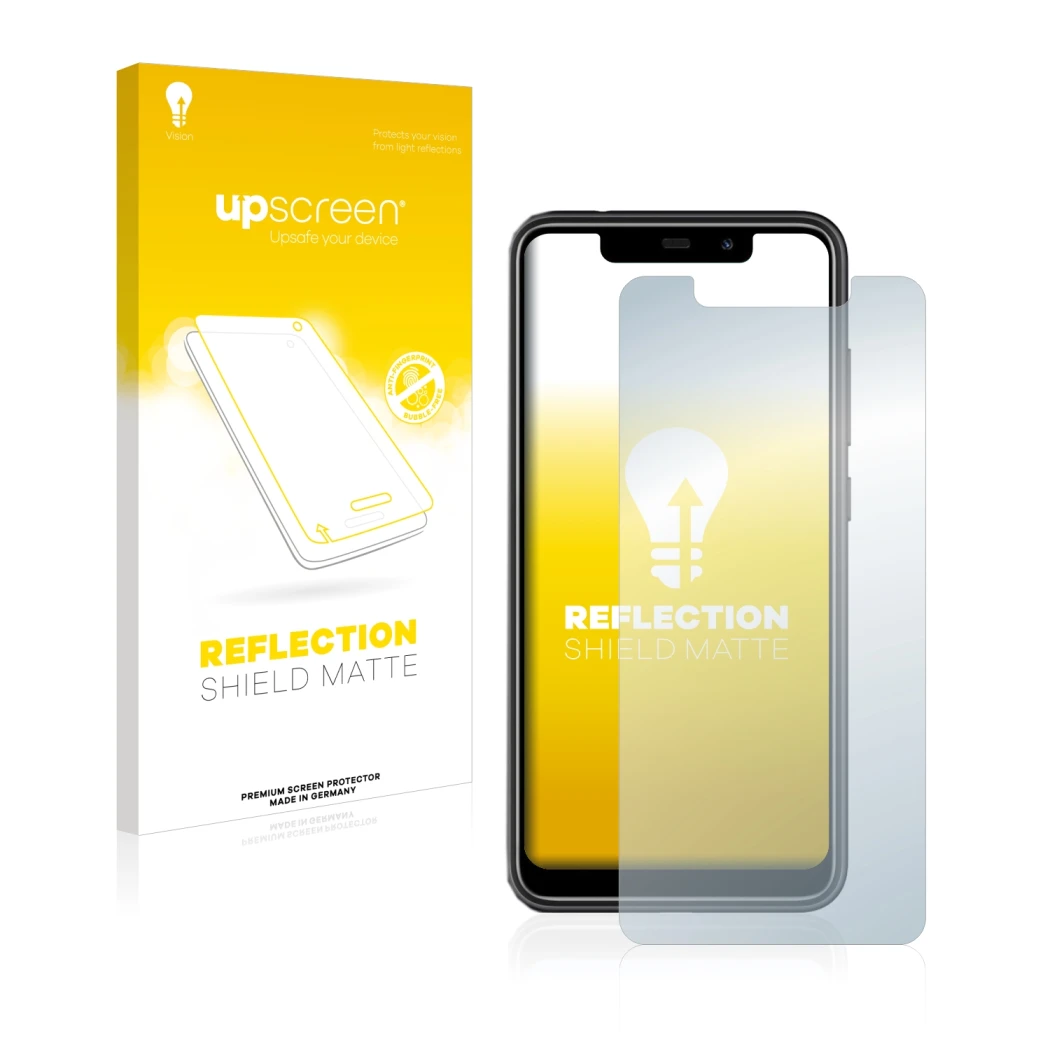 Parte frontal de un envase de producto con el logotipo de la marca upscreen. Al lado se muestra el dispositivo Oukitel C22 con
