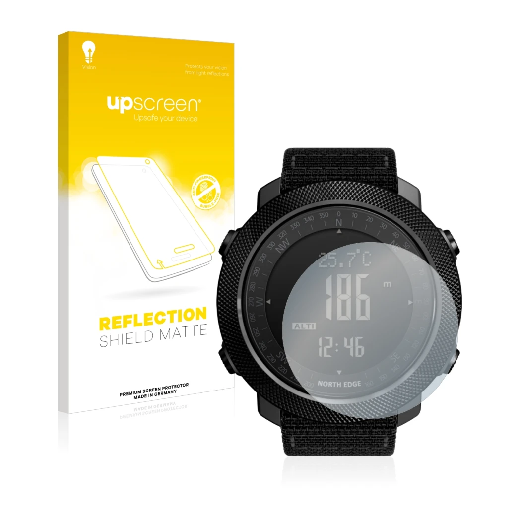 Parte frontal de un envase de producto con el logotipo de la marca upscreen. Al lado se muestra el dispositivo North Edge Apac